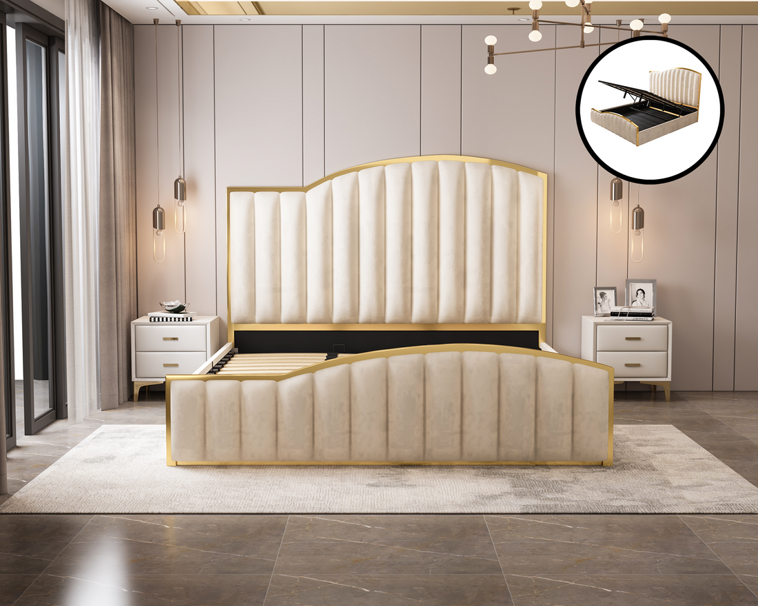 Elegant Luxury King Size Bedframe in Beige with Gas Lift Storage Velvet Fabric Golden Trim-Furniture &gt; Bedroom &gt; Beds &amp; Bed Frames-PEROZ Accessories