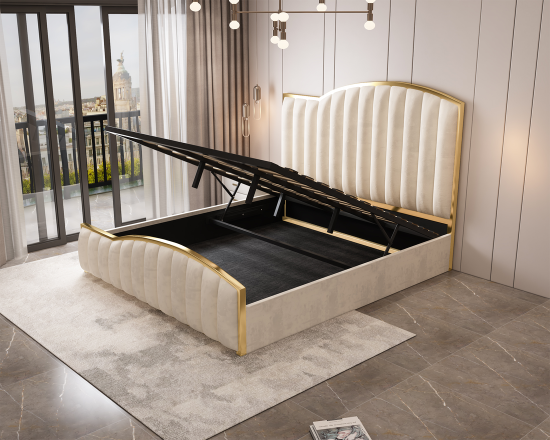 Elegant Luxury King Size Bedframe in Beige with Gas Lift Storage Velvet Fabric Golden Trim-Furniture &gt; Bedroom &gt; Beds &amp; Bed Frames-PEROZ Accessories