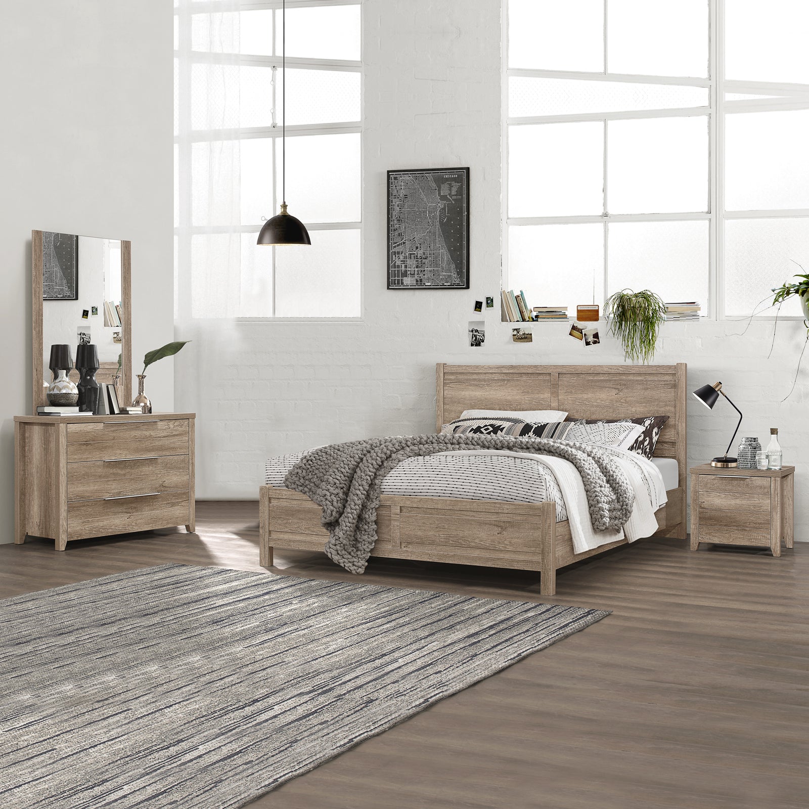 4 Pieces Bedroom Suite Natural Wood Like MDF Structure Double Size Oak Colour Bed, Bedside Table &amp; Tallboy-Furniture &gt; Bedroom-PEROZ Accessories