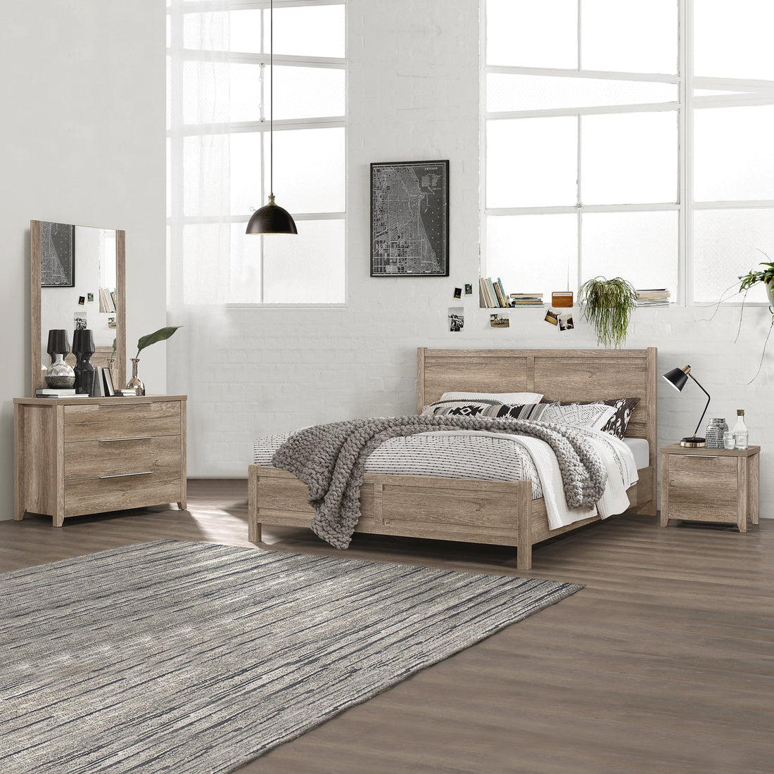 5 Pieces Bedroom Suite Natural Wood Like MDF Structure Double Size Oak Colour Bed, Bedside Table, Tallboy &amp; Dresser-Furniture &gt; Bedroom-PEROZ Accessories