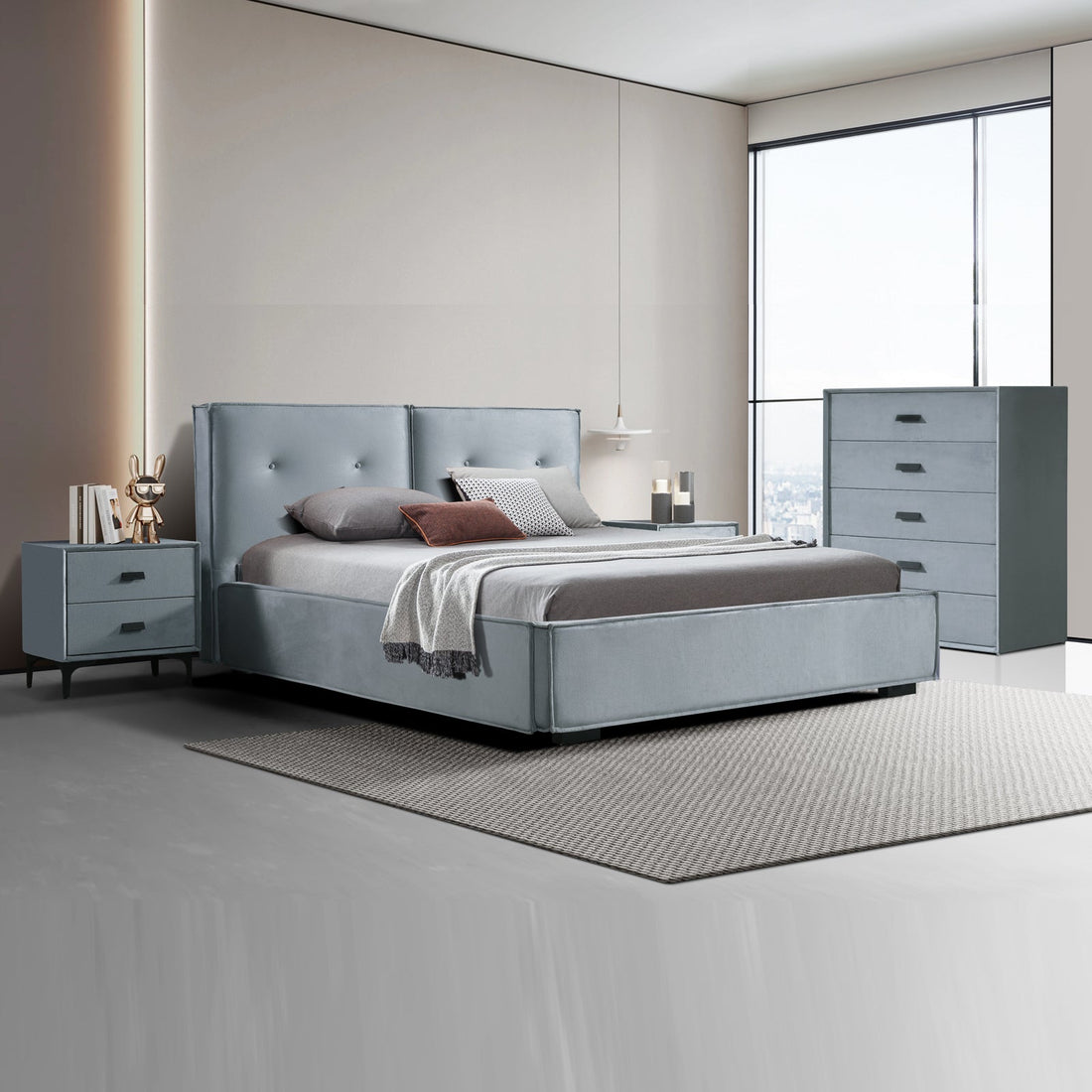 Estella Queen Fabric 4pc Bedroom Suite With Linear Division &amp; Button Studding Headboard-Furniture &gt; Bedroom &gt; Beds &amp; Bed Frames-PEROZ Accessories