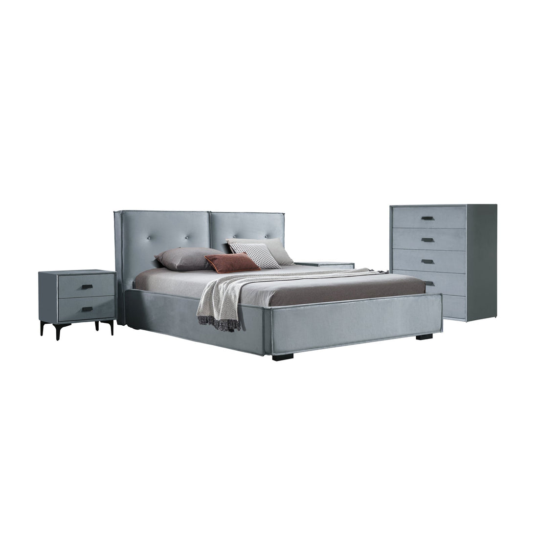 Estella Queen Fabric 4pc Bedroom Suite With Linear Division &amp; Button Studding Headboard-Furniture &gt; Bedroom &gt; Beds &amp; Bed Frames-PEROZ Accessories
