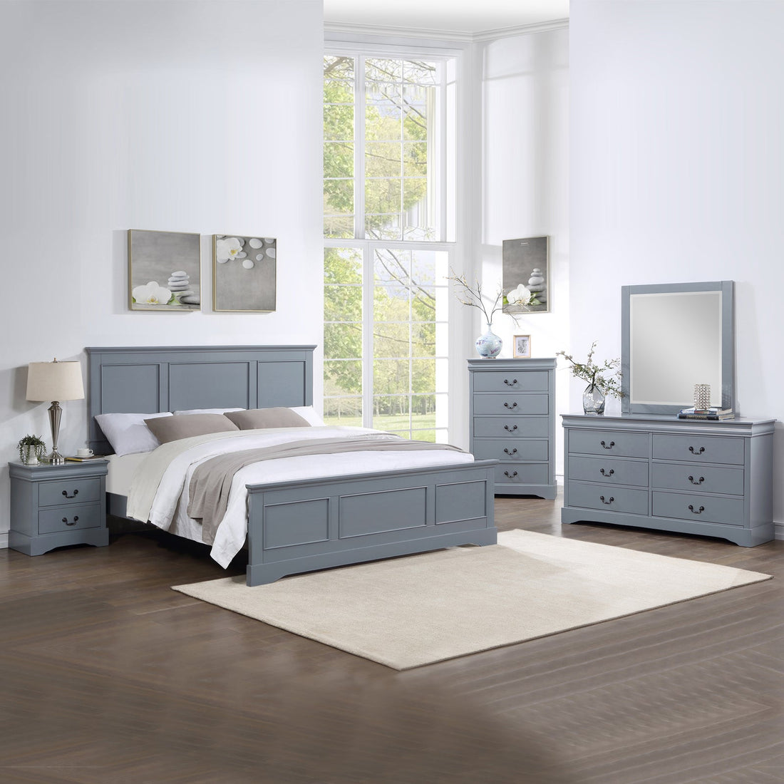 5 Pieces Bedroom Suite in Solid Wood &amp; MDF Queen Size Grey Colour Bed, Bedside Table, Dresser &amp; Tallboy-Furniture &gt; Bedroom &gt; Beds &amp; Bed Frames-PEROZ Accessories