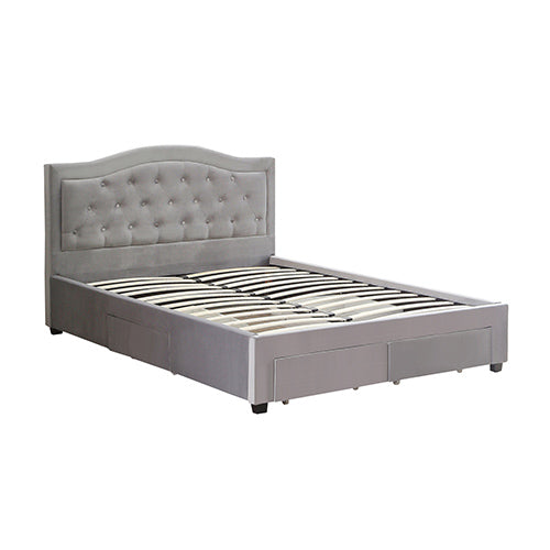 Emily Bed Frame Queen Size Velvet Fabric Grey Four MDF Drawers with Wheels-Furniture &gt; Bedroom &gt; Beds &amp; Bed Frames-PEROZ Accessories