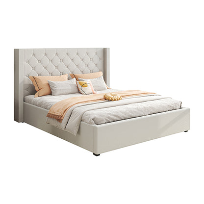 Veronica Bed Frame Double Size Winged Grey Linen Fabric Seam Grid Pattern with gas lift plywood metal structure-Furniture &gt; Bedroom &gt; Beds &amp; Bed Frames-PEROZ Accessories