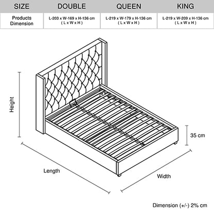 Veronica Bed Frame Double Size Winged Grey Linen Fabric Seam Grid Pattern with gas lift plywood metal structure-Furniture &gt; Bedroom &gt; Beds &amp; Bed Frames-PEROZ Accessories