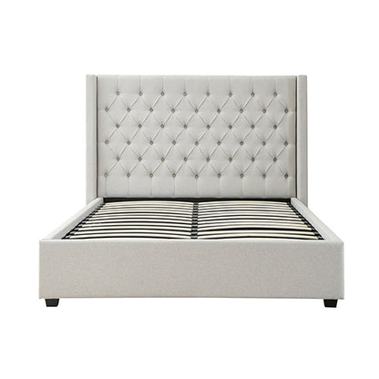 Veronica Bed Frame King Size Winged Grey Linen Fabric Seam Grid Pattern with gas lift plywood metal structure-Furniture &gt; Bedroom &gt; Beds &amp; Bed Frames-PEROZ Accessories