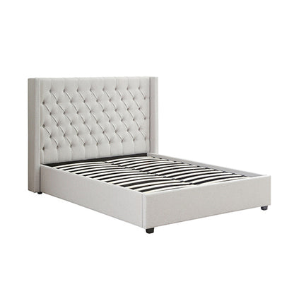Veronica Bed Frame King Size Winged Grey Linen Fabric Seam Grid Pattern with gas lift plywood metal structure-Furniture &gt; Bedroom &gt; Beds &amp; Bed Frames-PEROZ Accessories