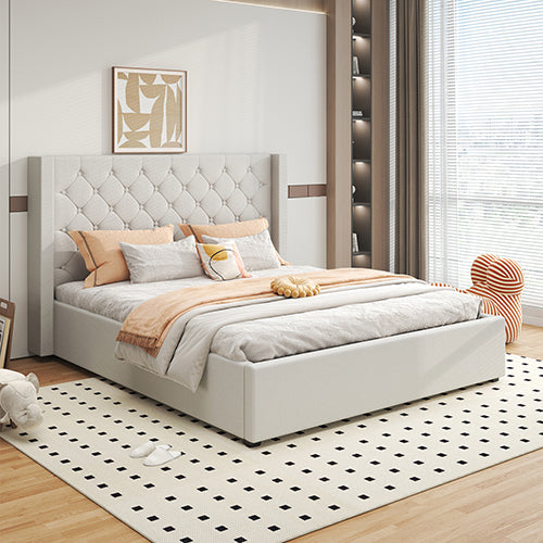 Veronica Bed Frame Queen Size Winged Grey Linen Fabric Seam Grid Pattern with gas lift plywood metal structure-Furniture &gt; Bedroom &gt; Beds &amp; Bed Frames-PEROZ Accessories