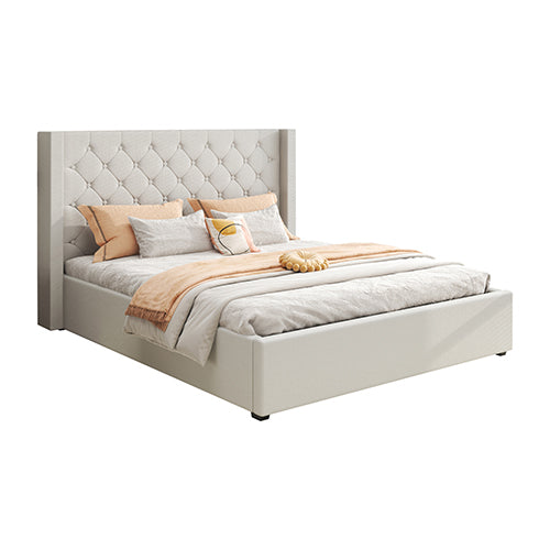 Veronica Bed Frame Queen Size Winged Grey Linen Fabric Seam Grid Pattern with gas lift plywood metal structure-Furniture &gt; Bedroom &gt; Beds &amp; Bed Frames-PEROZ Accessories