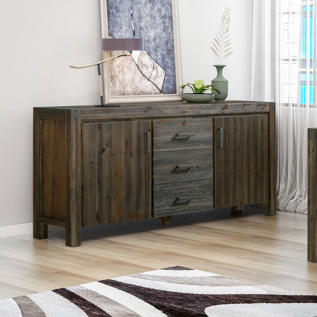 Buffet Sideboard in Chocolate Colour Constructed with Solid Acacia Wooden Frame Storage Cabinet with Drawers-Furniture &gt; Living Room-PEROZ Accessories