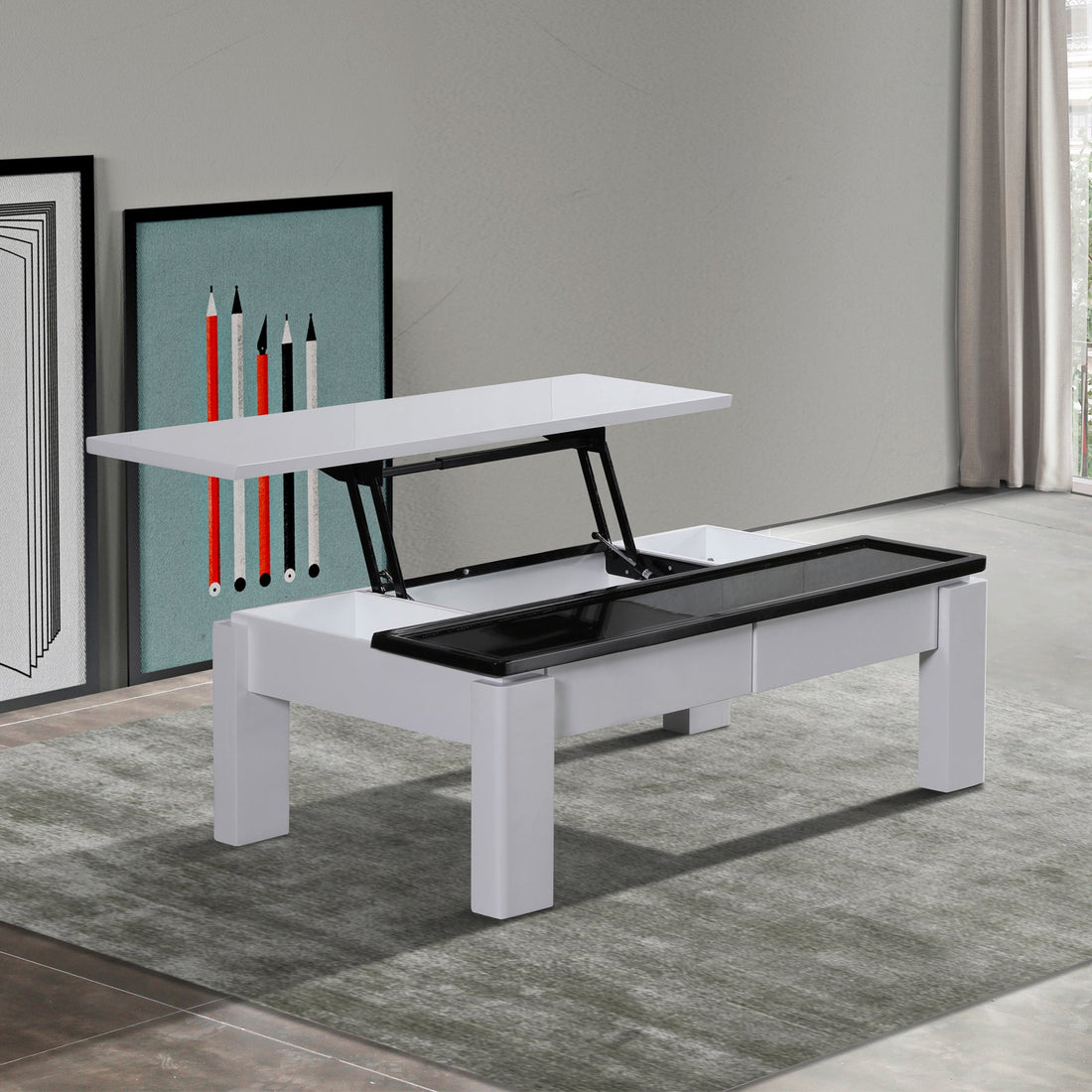 Coffee Table High Gloss Finish Lift Up Top MDF Black &amp; White Colour Interior Storage-Furniture > Living Room > Coffee Tables-PEROZ Accessories