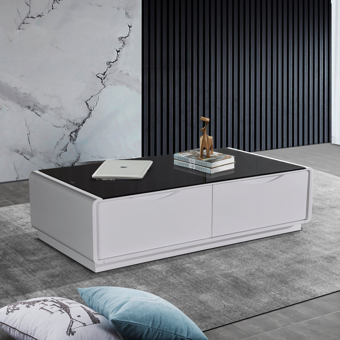 Coffee Table High Gloss Finish MDF Black &amp; White Colour with 2 Drawers Storage-Furniture > Living Room > Bookcases &amp; Shelves-PEROZ Accessories