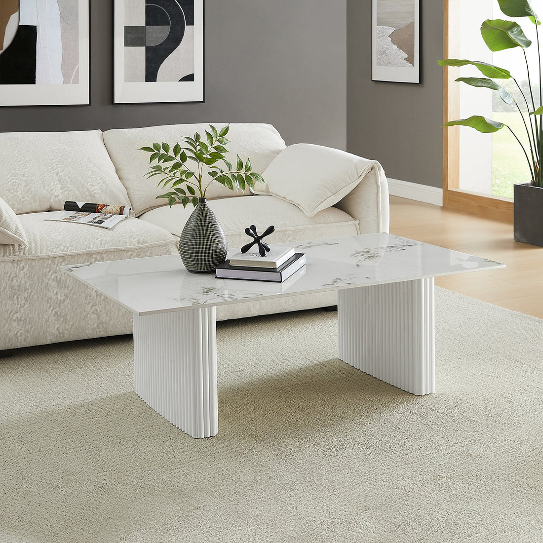 Coffee Table Sintered Stone Top MDF Table Base Glossy White-Furniture > Living Room > Coffee Tables-PEROZ Accessories