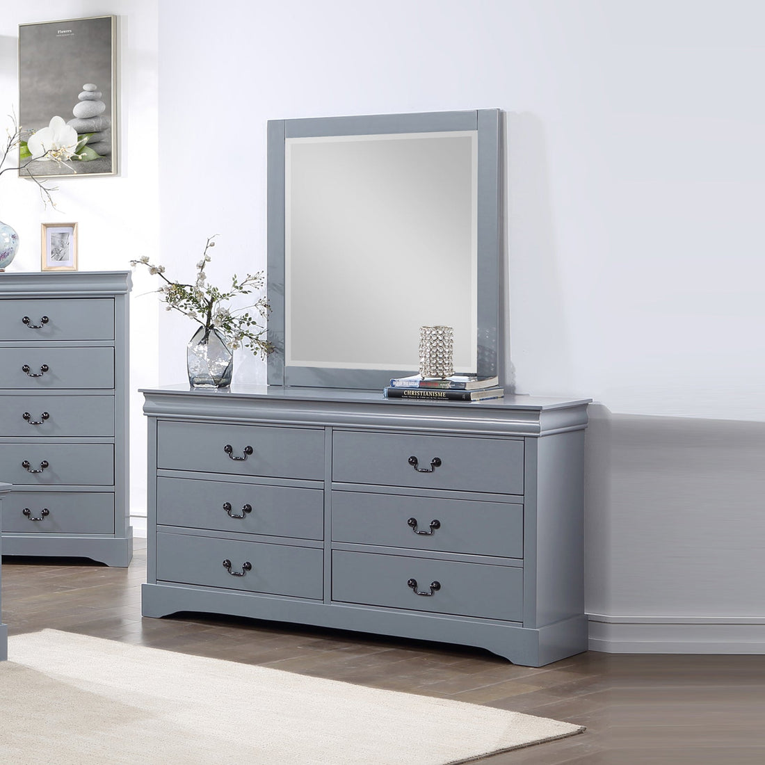 Dressing Chest with 6 Storage Drawers in Solid Wooden Mirror Metal Handles Grey Colour-Furniture &gt; Bedroom &gt; Dressers-PEROZ Accessories