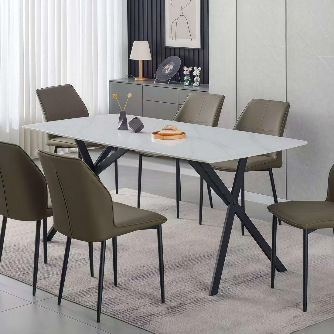Dining Table Rectangular Shape White Sintered Stone Top Powder Coated Iron Legs-Furniture > Dining > Dining Tables-PEROZ Accessories