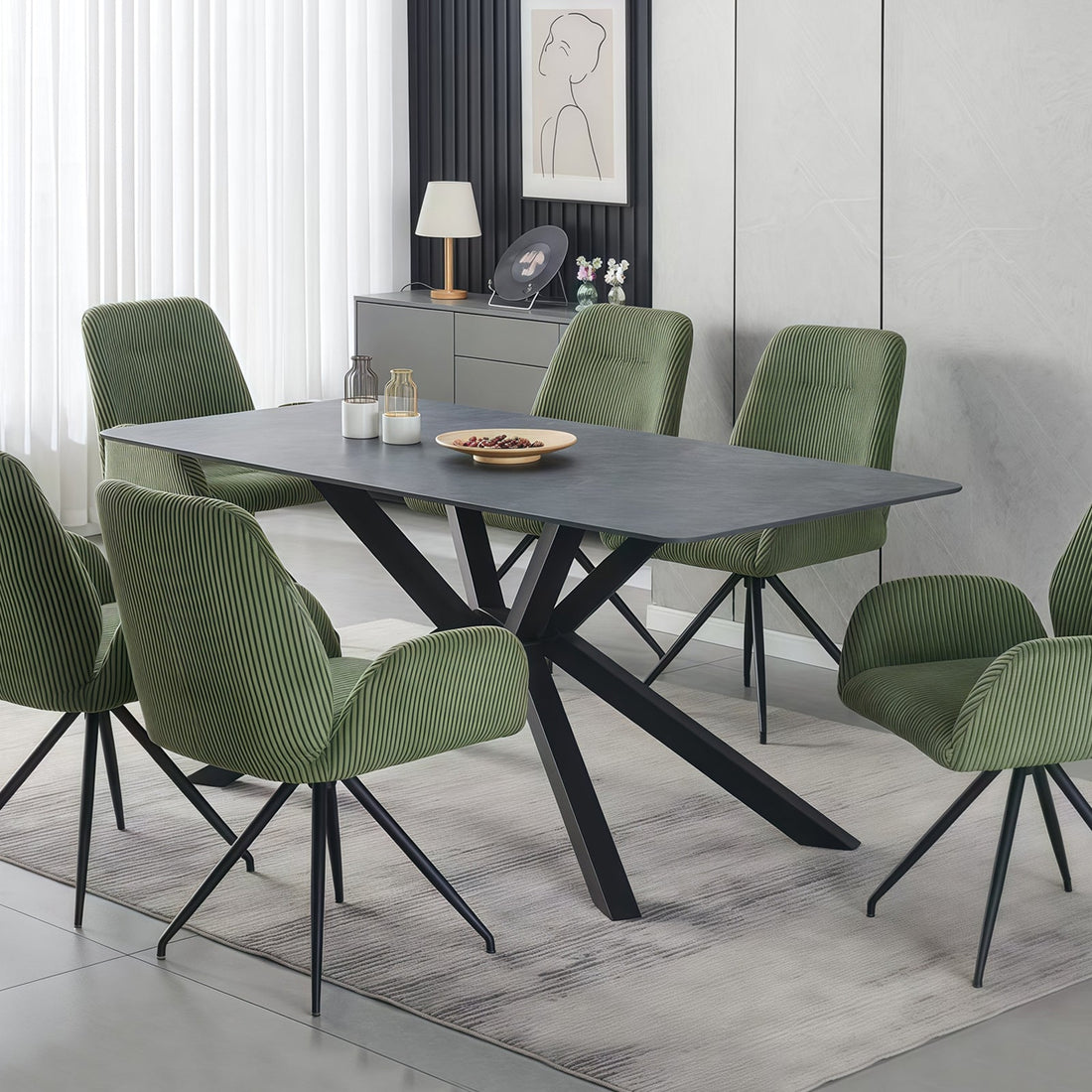Dining Table Rectangular Shape Green Sintered Stone Top Powder Coated Iron Legs-Furniture > Dining > Dining Tables-PEROZ Accessories