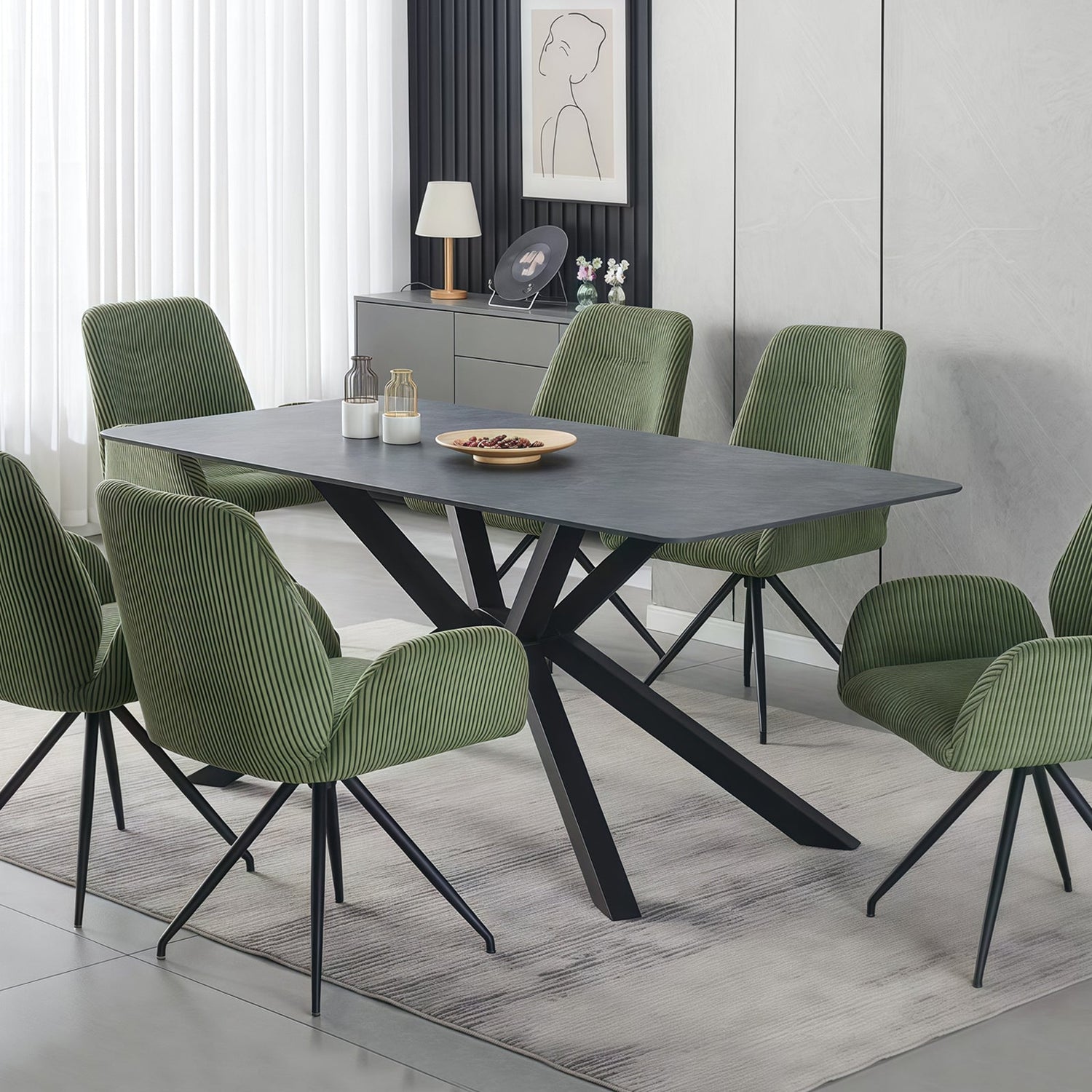 Dining Table Rectangular Shape Green Sintered Stone Top Powder Coated Iron Legs-Furniture > Dining > Dining Tables-PEROZ Accessories