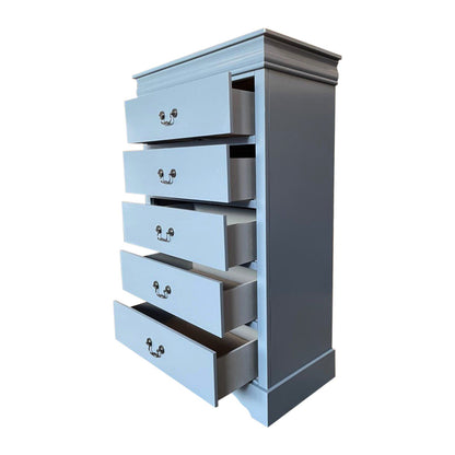 Tallboy with 5 Storage Drawers in Solid Wooden Metal Handles Grey Colour-Furniture &gt; Bedroom &gt; Dressing Vanity &amp; Dressing Tables-PEROZ Accessories