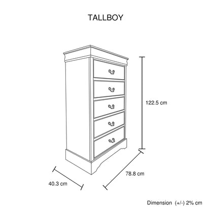 Tallboy with 5 Storage Drawers in Solid Wooden Metal Handles Grey Colour-Furniture &gt; Bedroom &gt; Dressing Vanity &amp; Dressing Tables-PEROZ Accessories