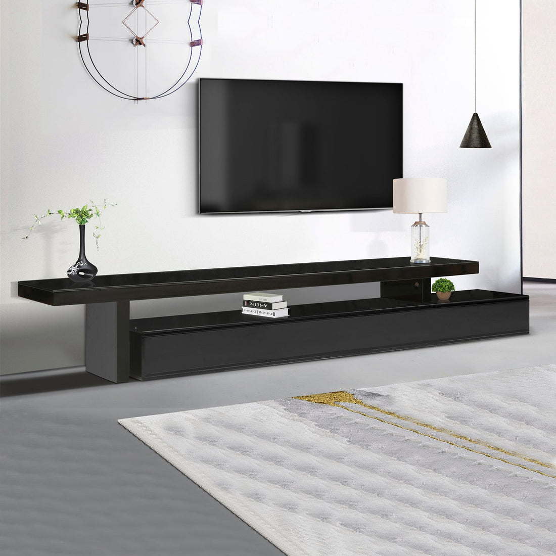 TV Cabinet with 3 Storage Drawers Extendable With Glossy MDF Entertainment Unit in Black Color-Entertainment Unit-PEROZ Accessories