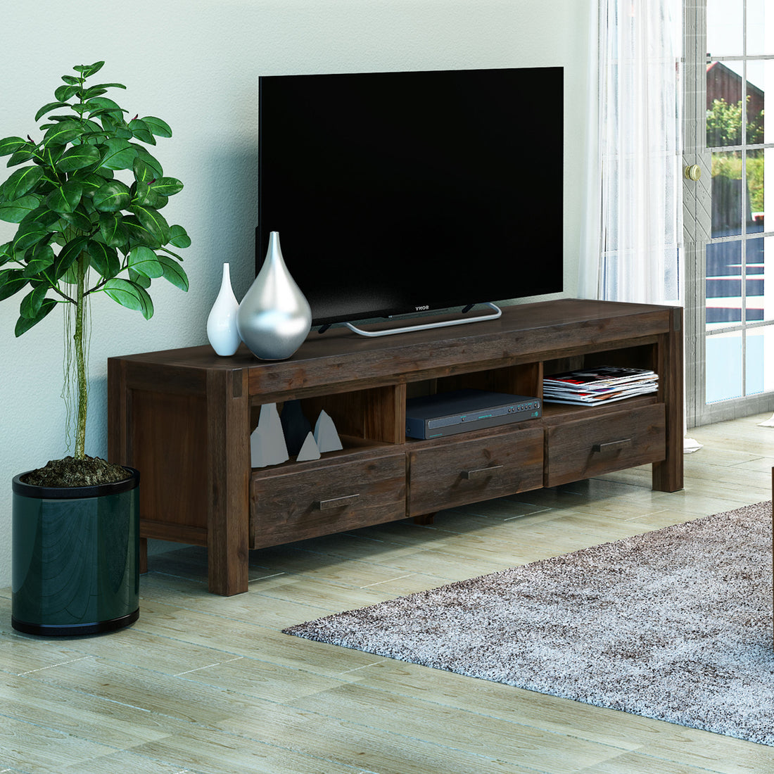 TV Cabinet with 3 Storage Drawers with Shelf Solid Acacia Wooden Frame Entertainment Unit in Chocolate Colour-Furniture &gt; Sofas-PEROZ Accessories