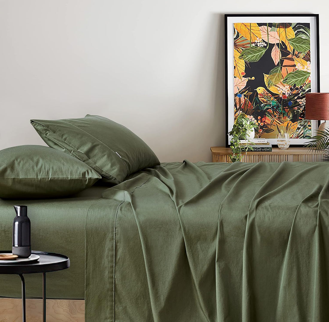 Vintage Washed 100% Cotton Sheet Set with 2 Pillowcases - Khaki Green - Double-Home &amp; Garden &gt; Bedding &gt; Bed Sheets-PEROZ Accessories