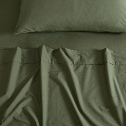 Vintage Washed 100% Cotton Sheet Set with 2 Pillowcases - Khaki Green - Double-Home &amp; Garden &gt; Bedding &gt; Bed Sheets-PEROZ Accessories