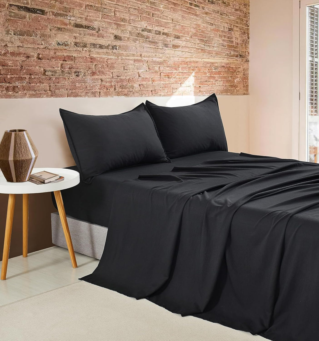 Vintage Washed Microfibre Sheet Set with 2 Pillowcases - Black - Double-Home &amp; Garden &gt; Bedding &gt; Bed Sheets-PEROZ Accessories