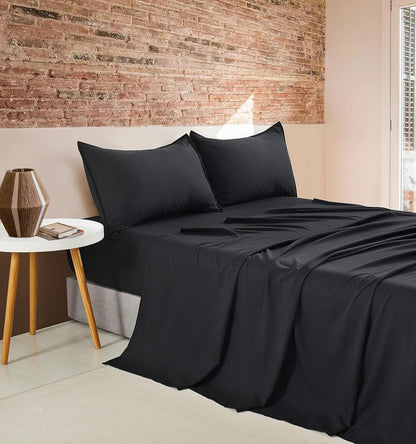 Vintage Washed Microfibre Sheet Set with 2 Pillowcases - Black - Double-Home &amp; Garden &gt; Bedding &gt; Bed Sheets-PEROZ Accessories