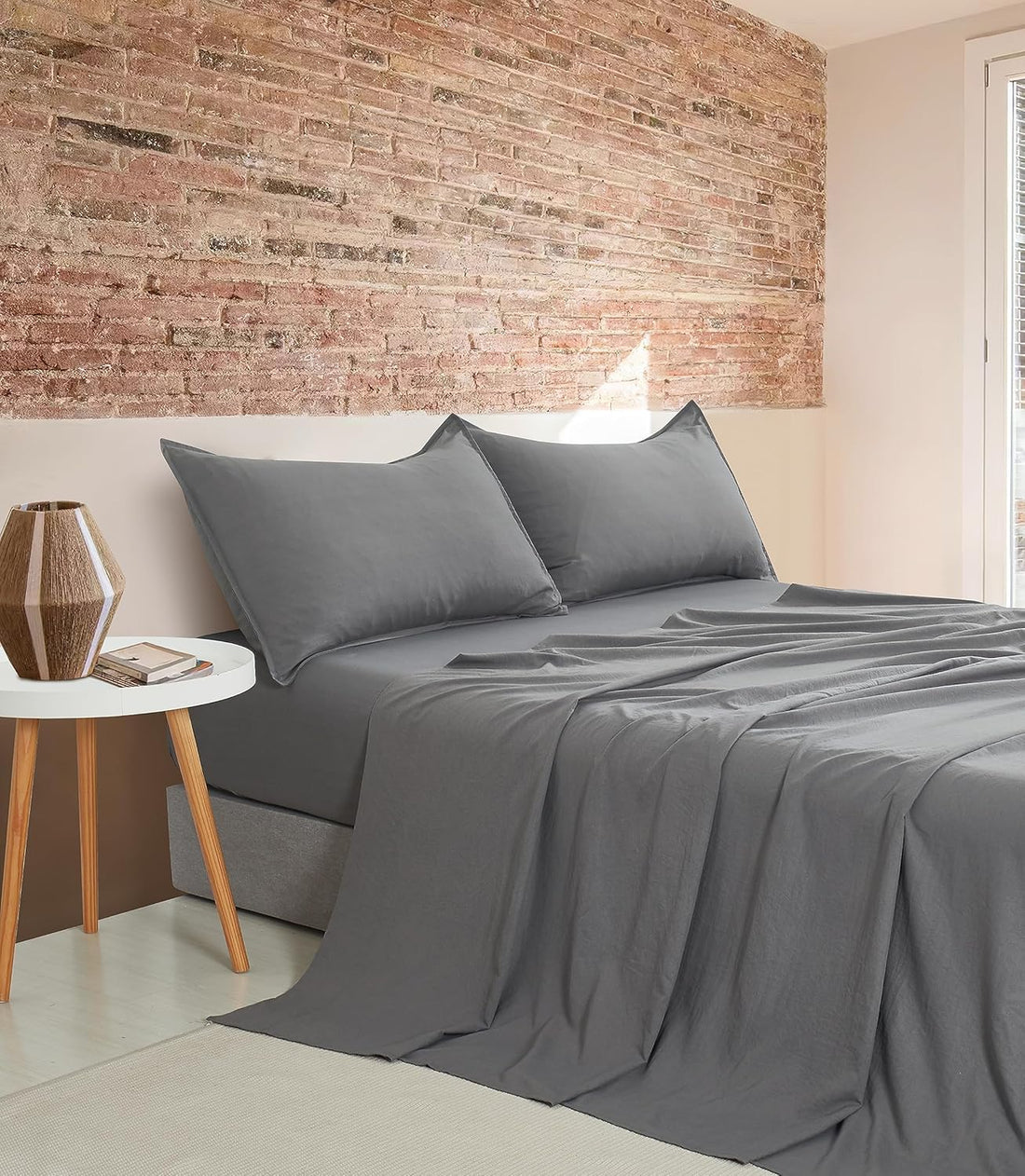 Vintage Washed Microfibre Sheet Set with 2 Pillowcases - Grey - Double-Home &amp; Garden &gt; Bedding &gt; Bed Sheets-PEROZ Accessories