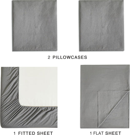 Vintage Washed Microfibre Sheet Set with 2 Pillowcases - Grey - Double-Home &amp; Garden &gt; Bedding &gt; Bed Sheets-PEROZ Accessories
