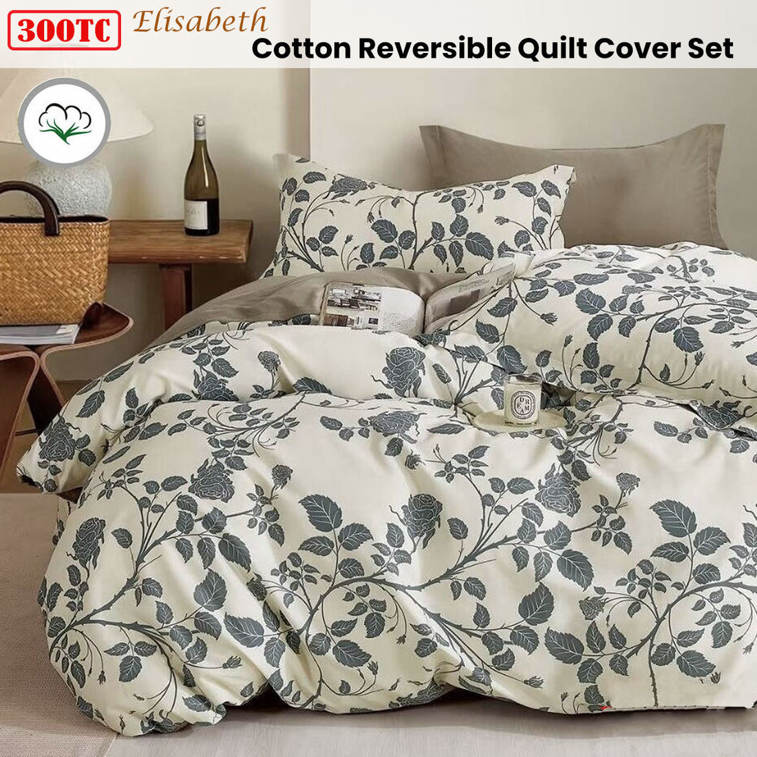 300TC Elisabeth Reversible Cotton Quilt Cover Set King-Home &amp; Garden &gt; Bedding &gt; Duvet Covers-PEROZ Accessories