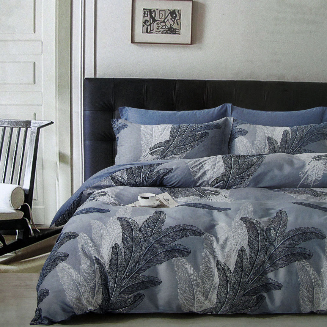 300TC Palm Leaf Blue Reversible Cotton Quilt Cover Set Queen-Home &amp; Garden &gt; Bedding &gt; Duvet Covers-PEROZ Accessories