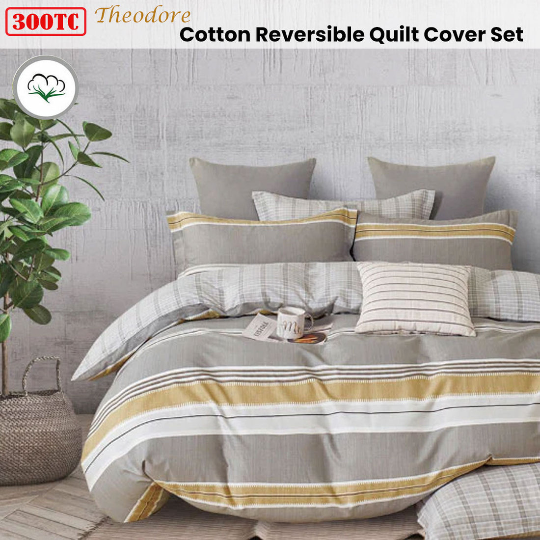 300TC Theodore Grey Reversible Cotton Quilt Cover Set Queen-Home &amp; Garden &gt; Bedding &gt; Duvet Covers-PEROZ Accessories