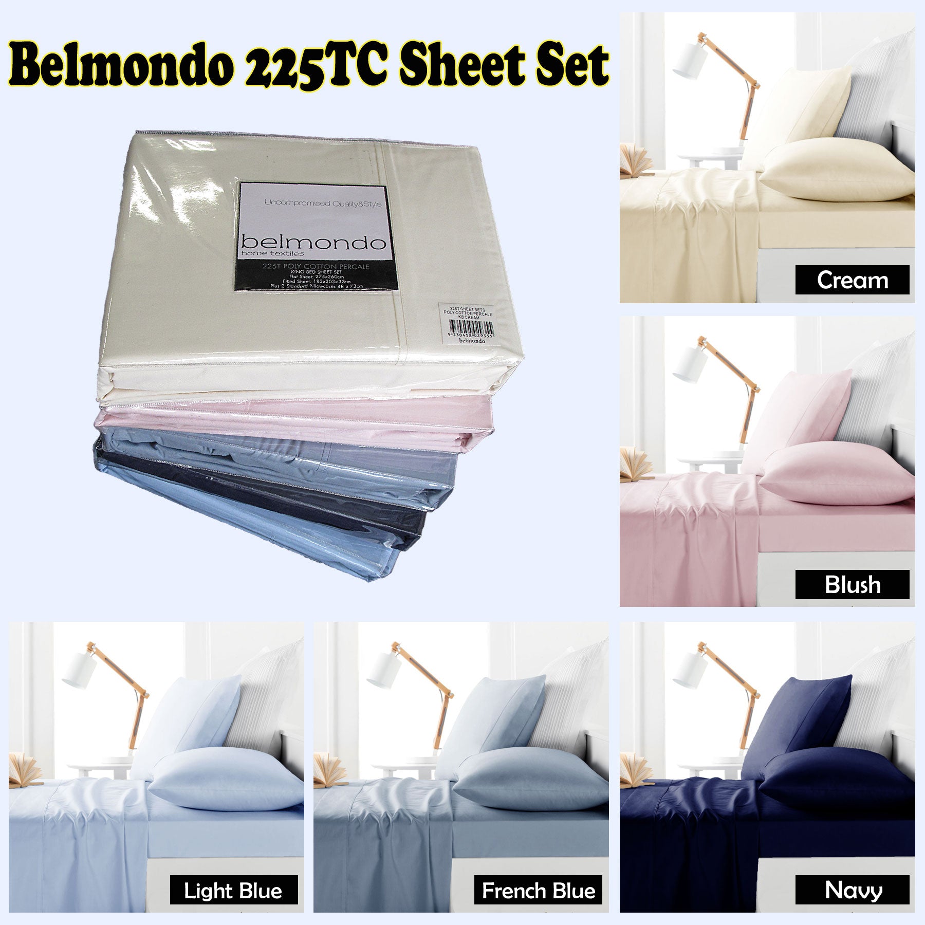 Belmondo 225TC Sheet Set Navy - Double-Home &amp; Garden &gt; Bedding &gt; Bed Sheets-PEROZ Accessories