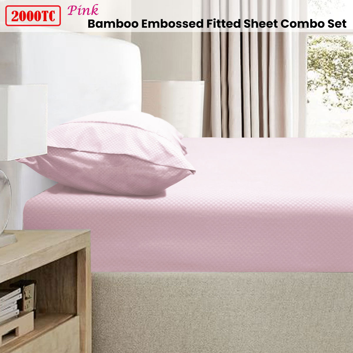 Ramesses 2000TC Bamboo Embossed Fitted Sheet Combo Set Pink Double-Home &amp; Garden &gt; Bedding &gt; Bed Sheets-PEROZ Accessories