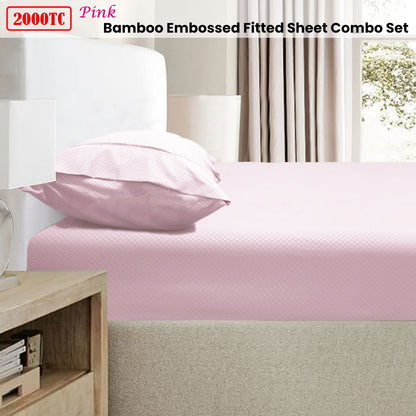 Ramesses 2000TC Bamboo Embossed Fitted Sheet Combo Set Pink Double-Home &amp; Garden &gt; Bedding &gt; Bed Sheets-PEROZ Accessories