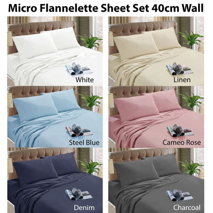 Kingtex Micro Flannelette Sheet Set 40 cm Wall Steel Blue Single-Home &amp; Garden &gt; Bedding &gt; Bed Sheets-PEROZ Accessories