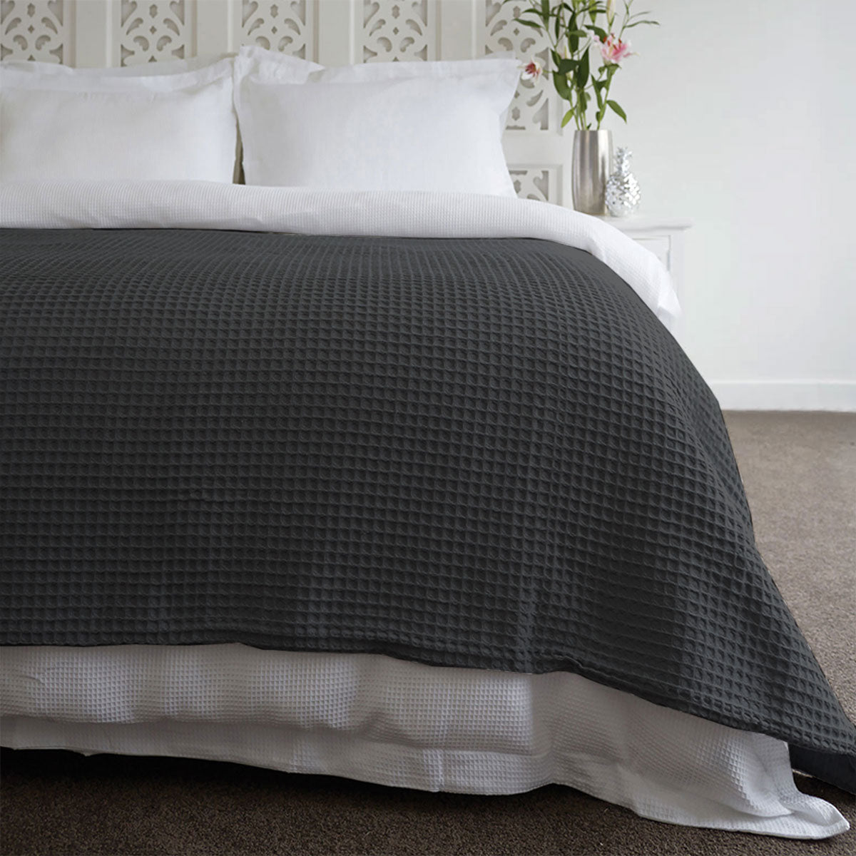 Jenny Mclean Ardent Premium Super Soft Cotton Waffle Blanket Charcoal Queen-Home &amp; Garden &gt; Bedding &gt; Blankets &amp; Throws-PEROZ Accessories