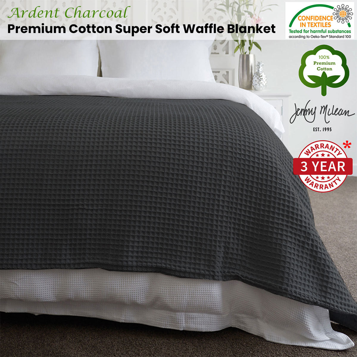 Jenny Mclean Ardent Premium Super Soft Cotton Waffle Blanket Charcoal Queen-Home &amp; Garden &gt; Bedding &gt; Blankets &amp; Throws-PEROZ Accessories