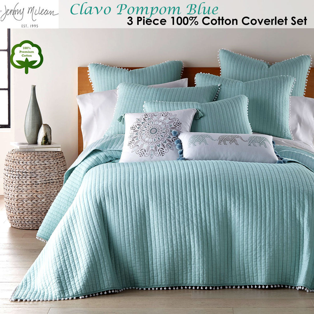 Jenny Mclean Clavo Pompom Blue 3 Piece 100% Cotton Coverlet Set Super King-Home &amp; Garden &gt; Bedding &gt; Quilts &amp; Duvets-PEROZ Accessories
