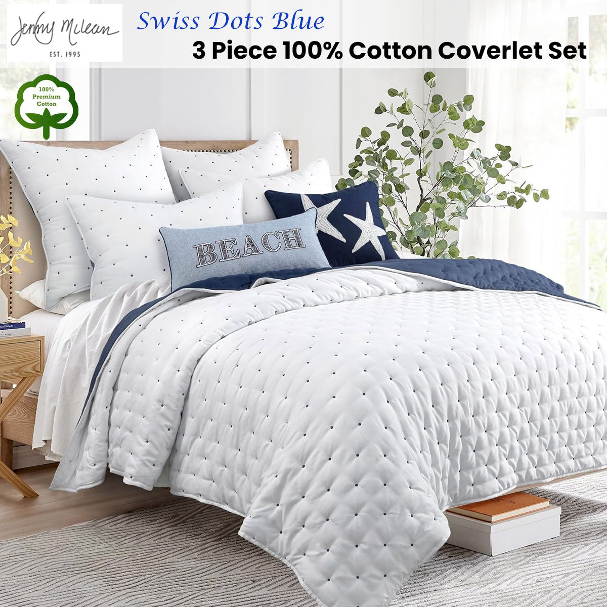 Jenny Mclean Swiss Dots Blue 3 Piece Coverlet Set King-Home &amp; Garden &gt; Bedding &gt; Quilts &amp; Duvets-PEROZ Accessories