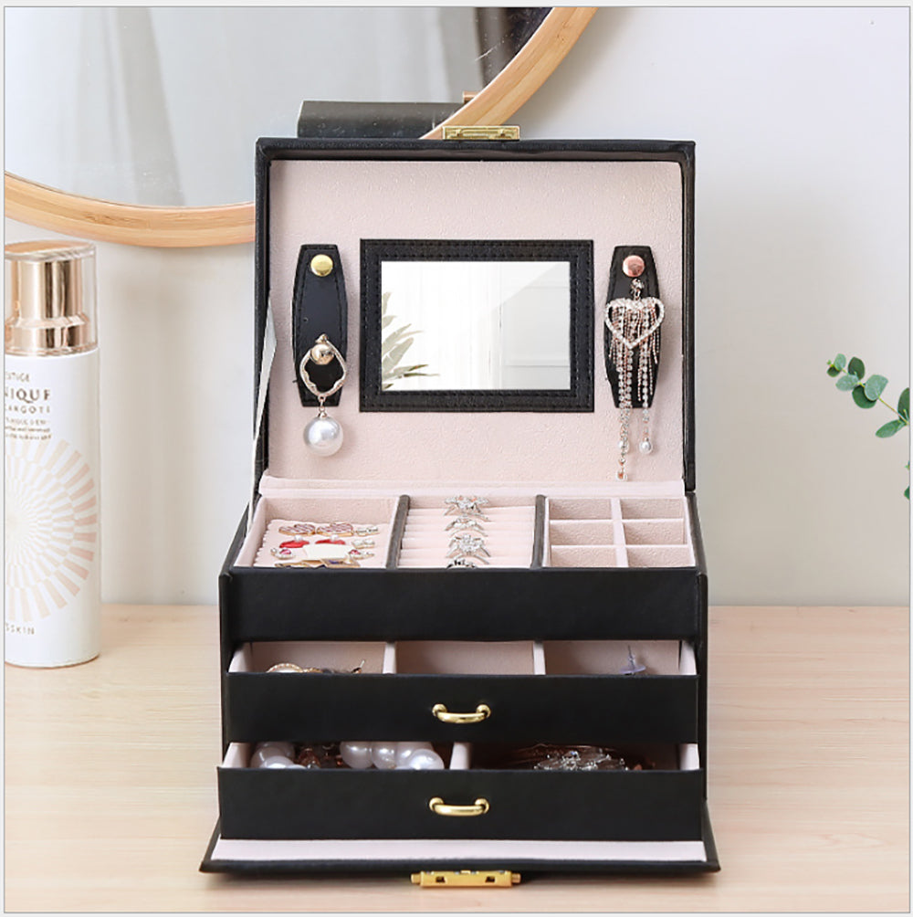 Jewellery Box With Mirror Double Drawers Organizer Storage Lock Case(Black)-Gift &amp; Novelty &gt; Fashion-PEROZ Accessories