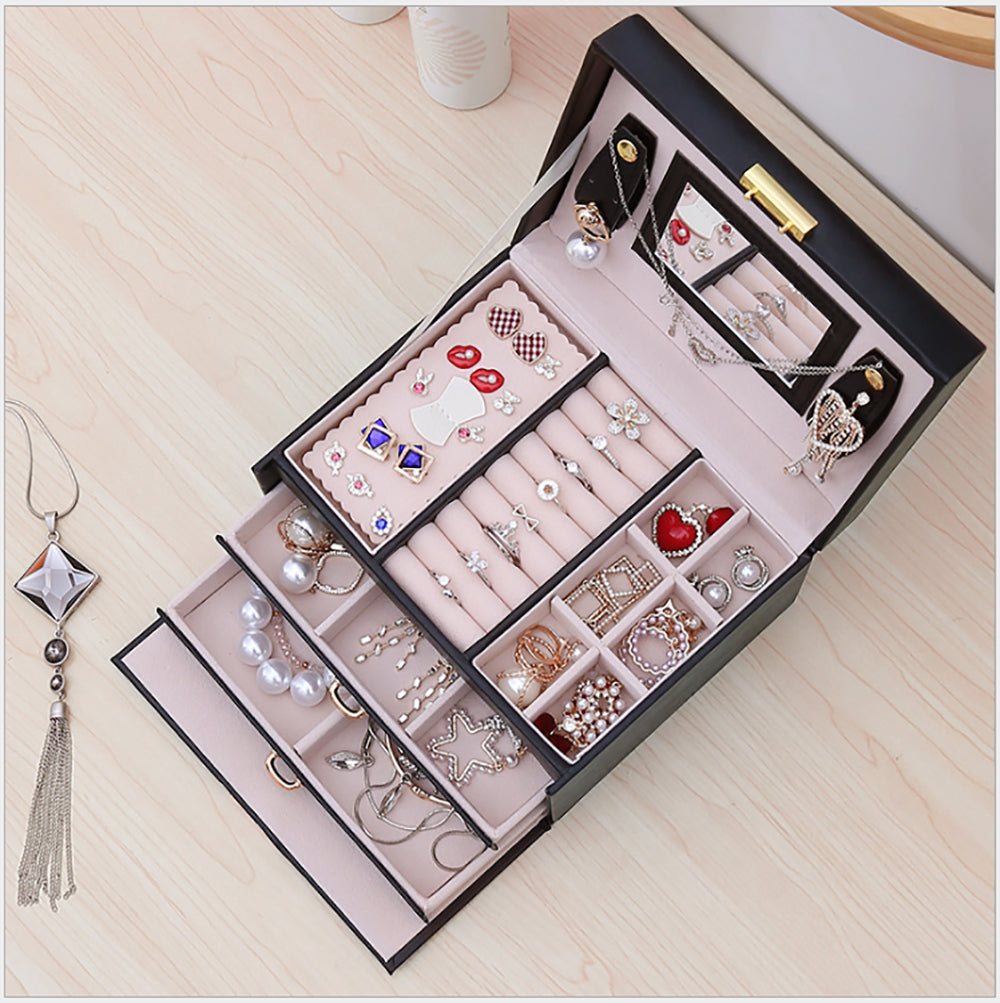 Jewellery Box With Mirror Double Drawers Organizer Storage Lock Case(Black)-Gift &amp; Novelty &gt; Fashion-PEROZ Accessories
