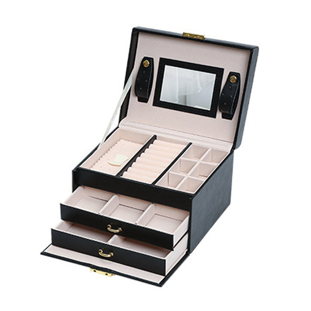 Jewellery Box With Mirror Double Drawers Organizer Storage Lock Case(Black)-Gift &amp; Novelty &gt; Fashion-PEROZ Accessories