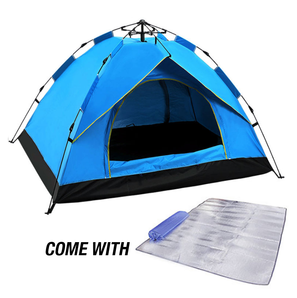 Waterproof Automatic Camping Tent 3-4 Person Come with Moisture Proof Pad(Blue)-Camping Tents-PEROZ Accessories