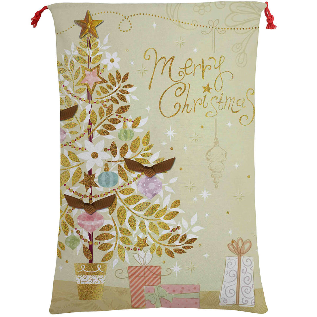 Large Christmas XMAS Hessian Santa Sack Stocking Bag Reindeer Children Gifts Bag, Merry Christmas Golden Tree-Occasions &gt; Christmas &gt; Christmas Decorations-PEROZ Accessories