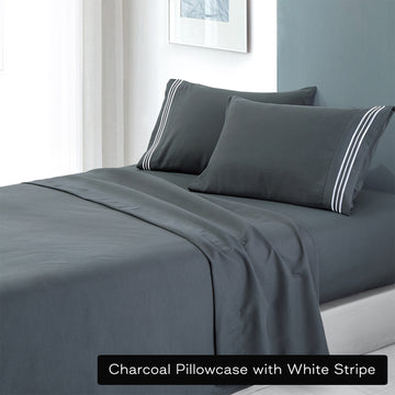 soft microfibre embroidered stripe sheet set double charcoal Pillowcase White Stripe-Home &amp; Garden &gt; Bedding &gt; Bed Sheets-PEROZ Accessories