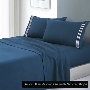 soft microfibre embroidered stripe sheet set double Sailor Blue Pillowcase White Stripe-Home &amp; Garden &gt; Bedding &gt; Bed Sheets-PEROZ Accessories